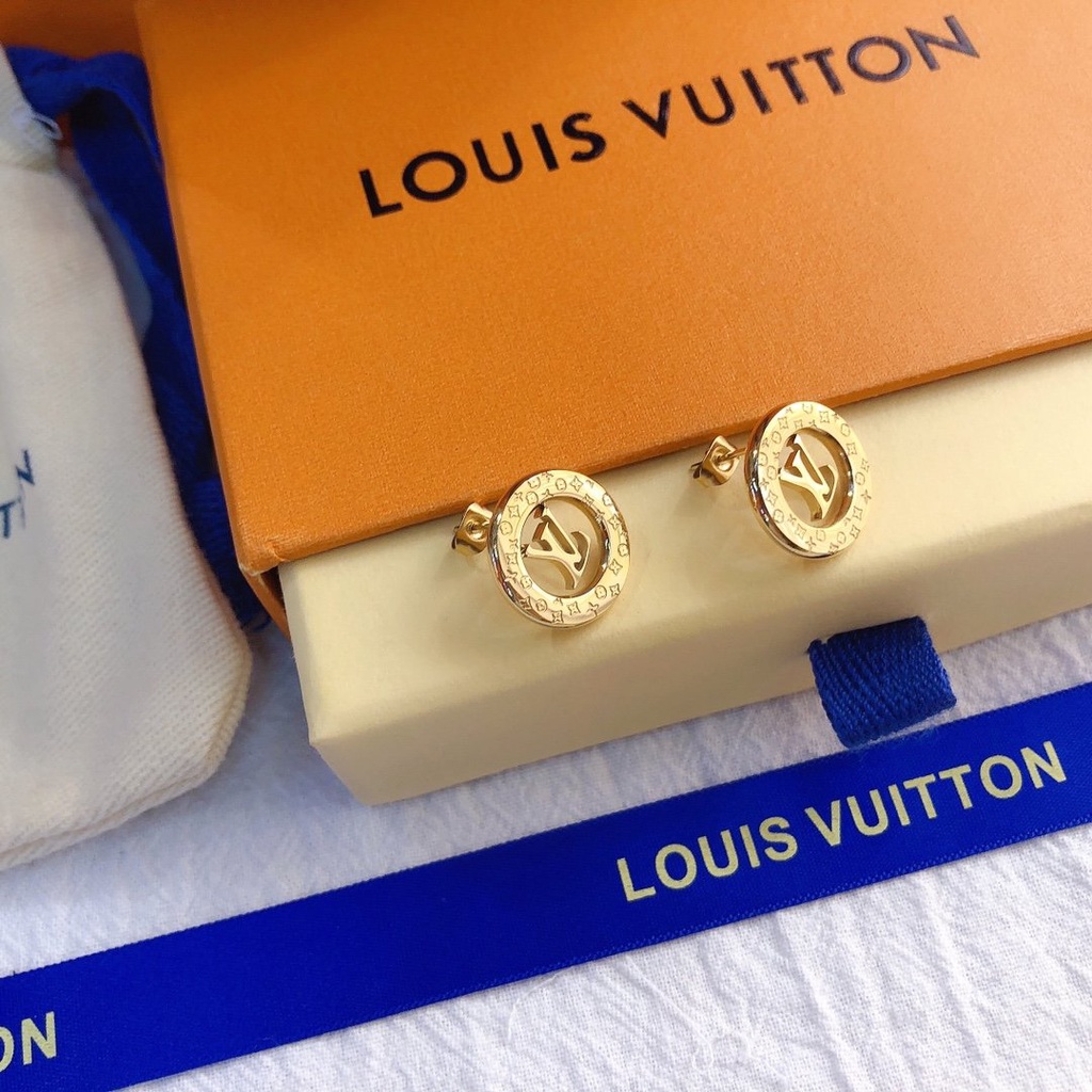 LOUIS VUITTON Khuyên Tai Tròn Bằng Thép Titan In Logo LV Thời Trang