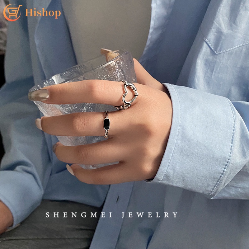 Bộ Nhẫn Thời Trang Bằng Bạc Hình Trái Tim Rỗng Đơn Giản Dành Cho Nữ