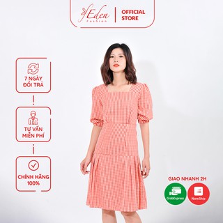 Đầm công sở nữ thời trang Eden kẻ ca rô cổ vuông tay lỡ - D410
