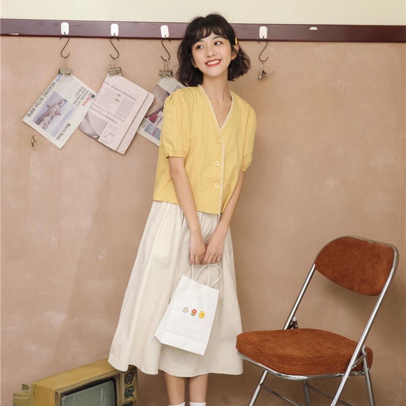 Áo Sơ Mi Tay Ngắn Cổ Chữ V Dáng Rộng Phong Cách Nhật Bản Thời Trang Cho Nữ