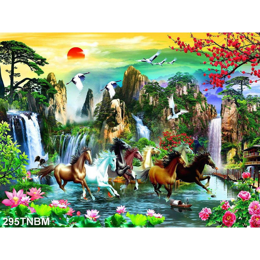 TRANH DÁN TƯỜNG 3D MÃ ĐÁO THÀNH CÔNG 295bm - TRANH BÁT MÃ SƠN THUỶ HỮU TÌNH - YAN SHOP