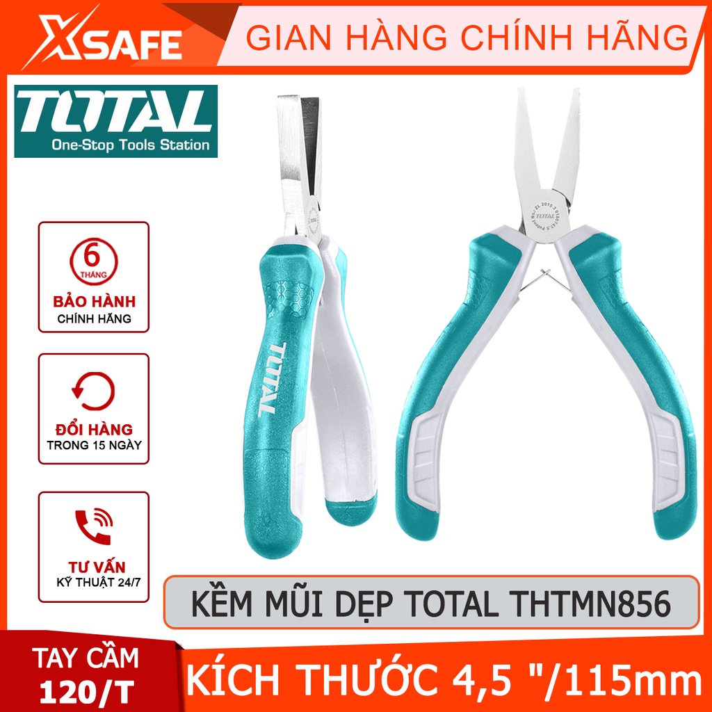 Kềm mũi dẹp TOTAL THTMN856 | Kìm mũi dẹp kích thước 4,5&quot;/ 115mm, thép CR-V, tay cầm cách điện, bọc cao su chống trơn