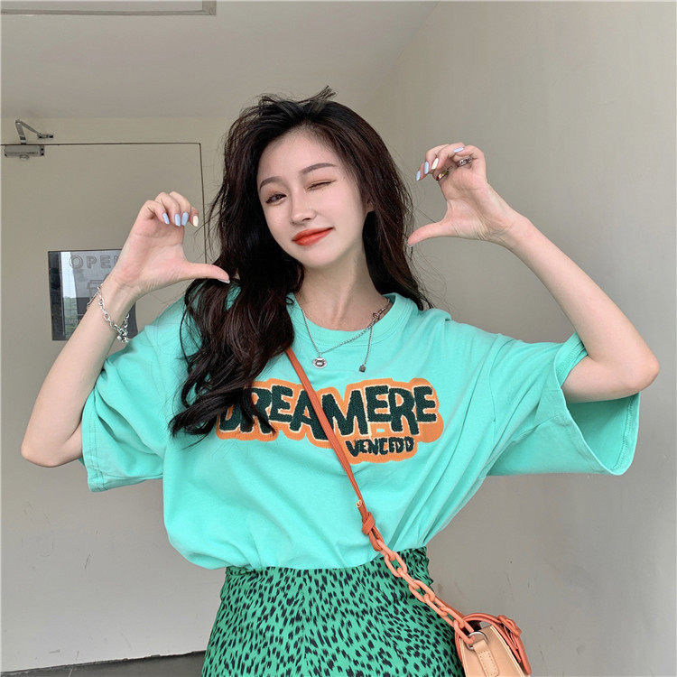 Áo thun nữ tay ngắn cổ tròn dáng rộng thêu chữ phong cách Hàn Quốc thời trang