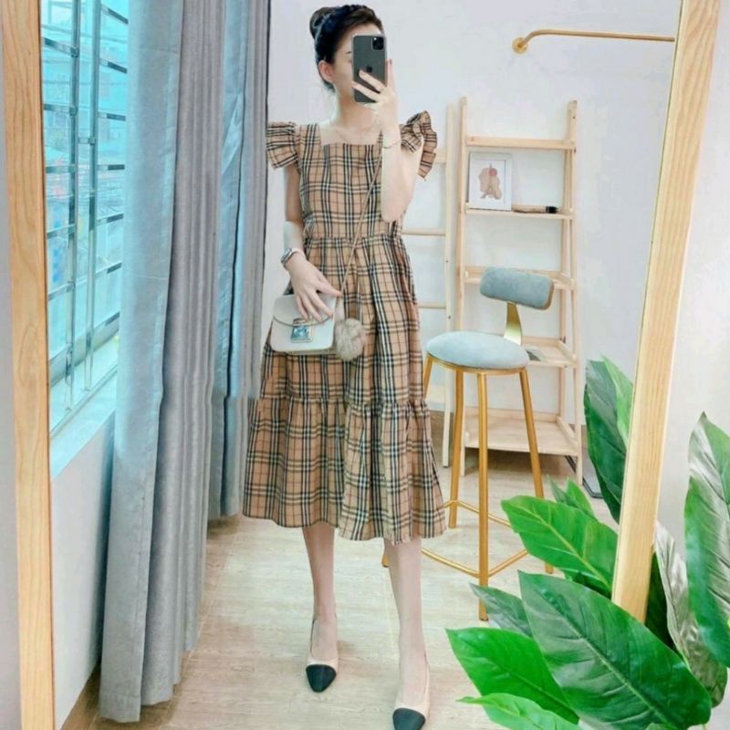 Váy Bầu Sát Nách Kẻ Caro Cánh Tiên - Đầm Bầu Suông mùa hè mặc đi chơi dễ thương V289