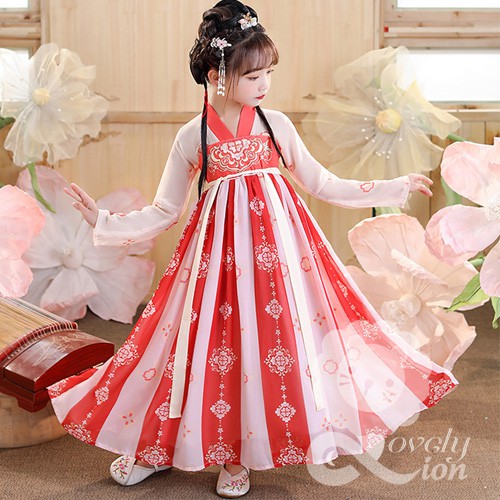 Bộ hán phục công chúa màu đỏ in hoa văn cho bé gái + Tặng khăn lụa