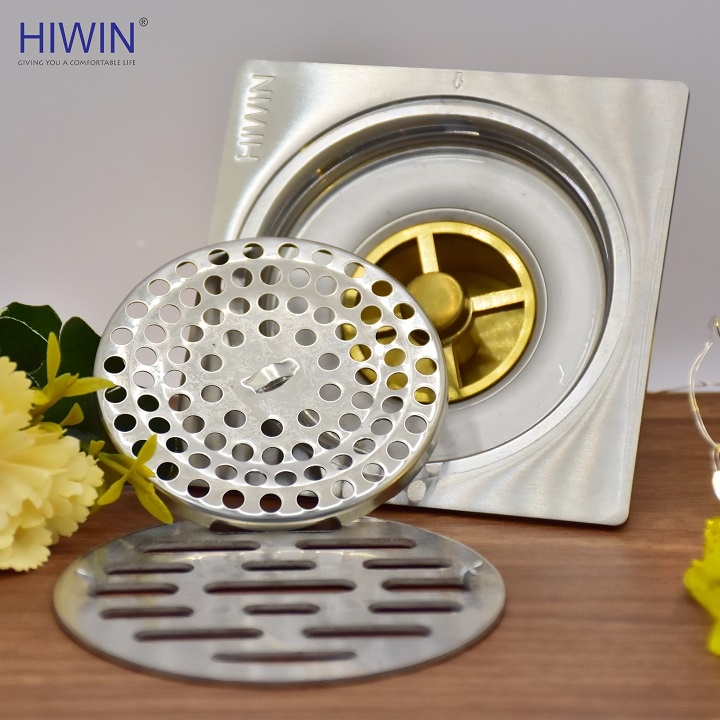 Phễu ga thoát sàn ngăn mùi hôi inox ngõng lò xo kích thước 100x100mm HIWIN FD-9310