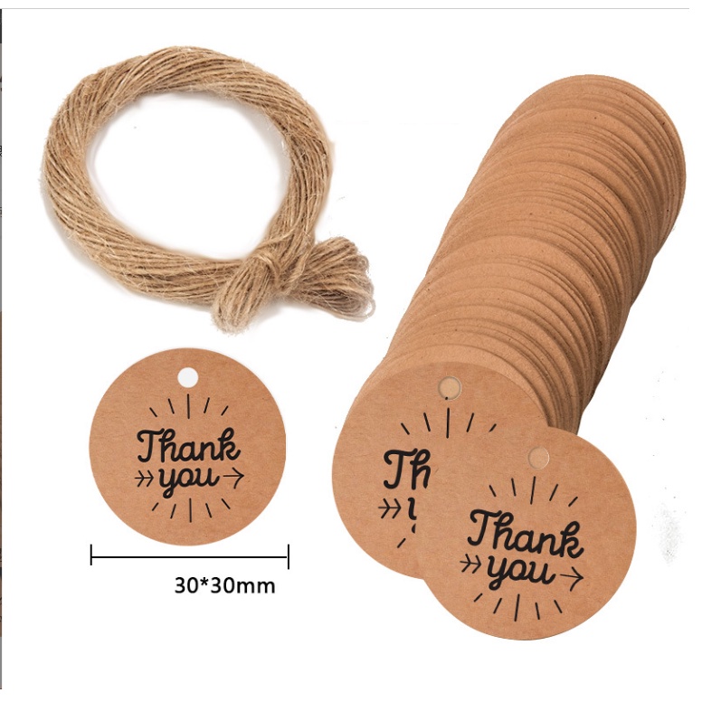 100 Tag thẻ cảm ơn giấy kraft tặng kèm 20m dây gai trang trí xinh xắn