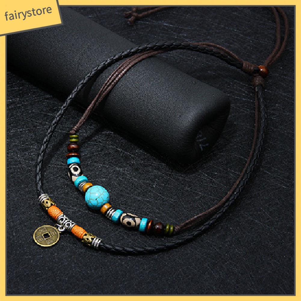 Dây chuyền hợp kim nhiều lớp đính ngọc lam giả &amp; đồng xu kiểu cách cổ điển