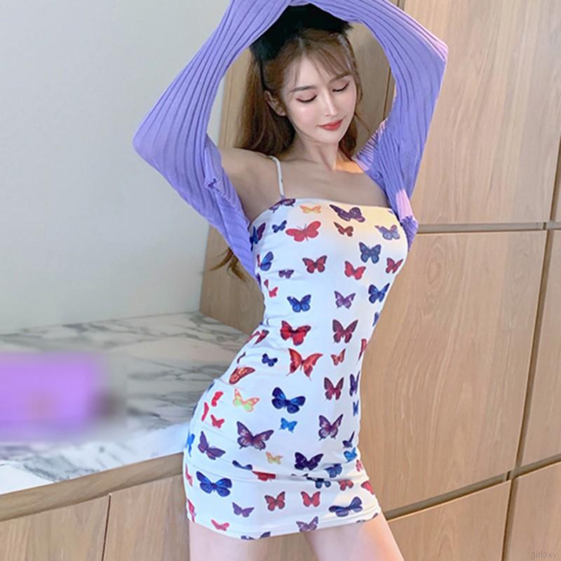 Đầm dáng ôm hai dây không tay in họa tiết cánh bướm quyến rũ phong cách Hàn Quốc dành cho nữ