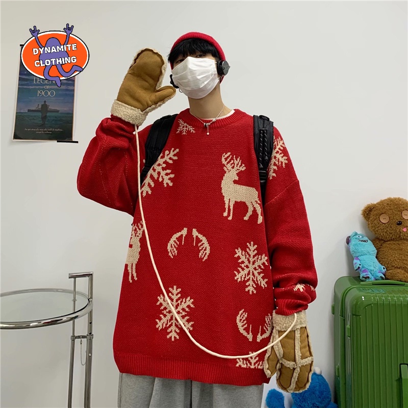 Áo sweater cổ tròn dáng rộng in hình tuần lộc/hoa tuyết giáng sinh phong cách Nhật Bản thời trang cho nam size M-2XL