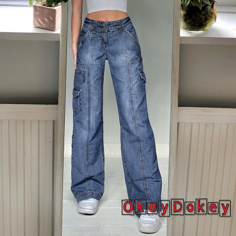 Quần jean nữ ống rộng lưng cao màu xanh trơn có túi