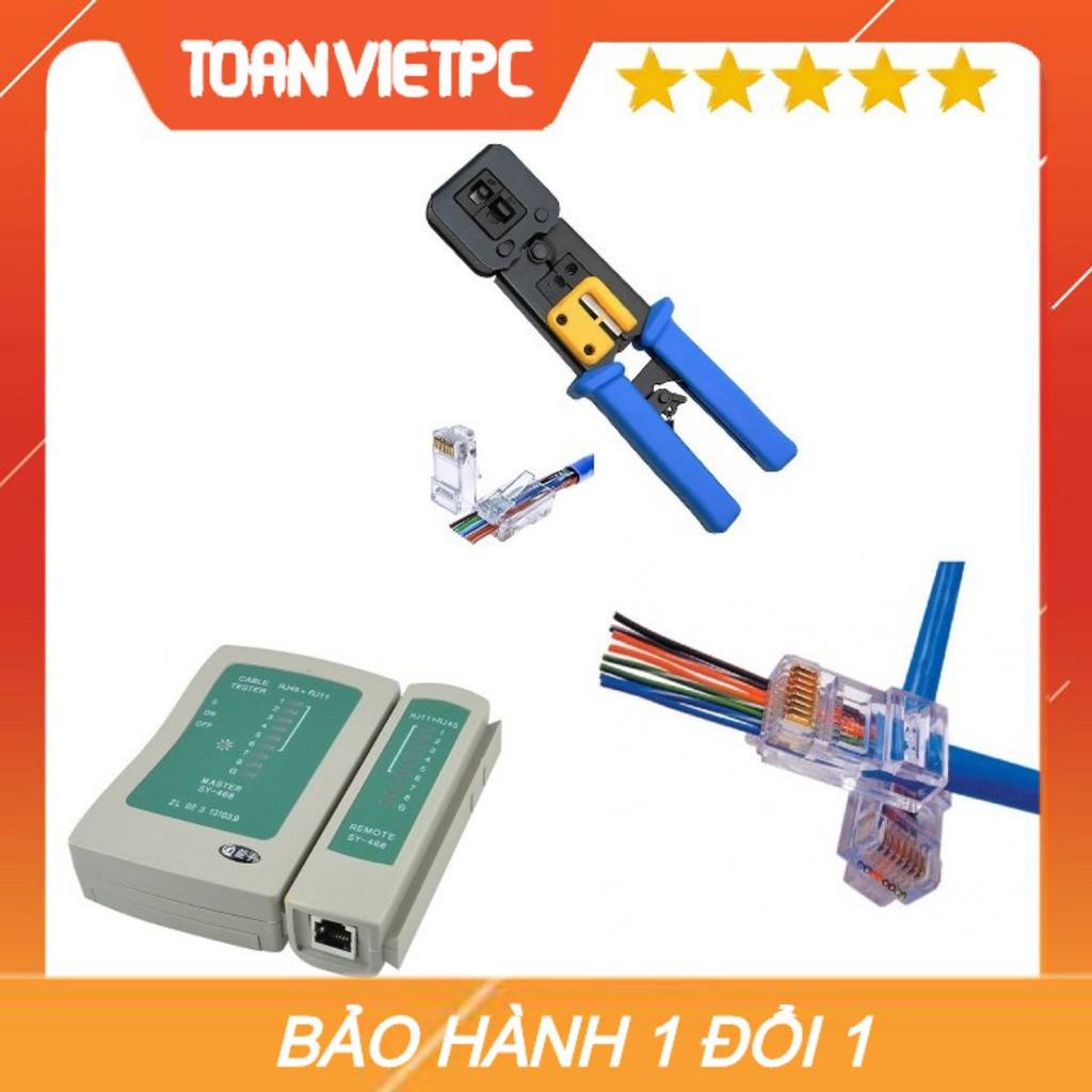 Combo kìm bấm đầu hạt mạng xuyên thấu + hộp hạt mạng xuyên thấu 100 hạt + hộp test mạng kèm pin