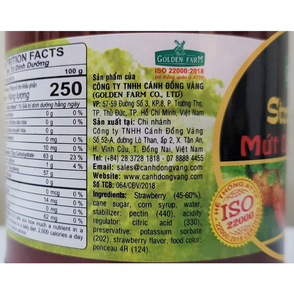 [Lọ 450g] MỨT DÂU TÂY [VN] GOLDEN FARM Strawberry Preserves (halal)