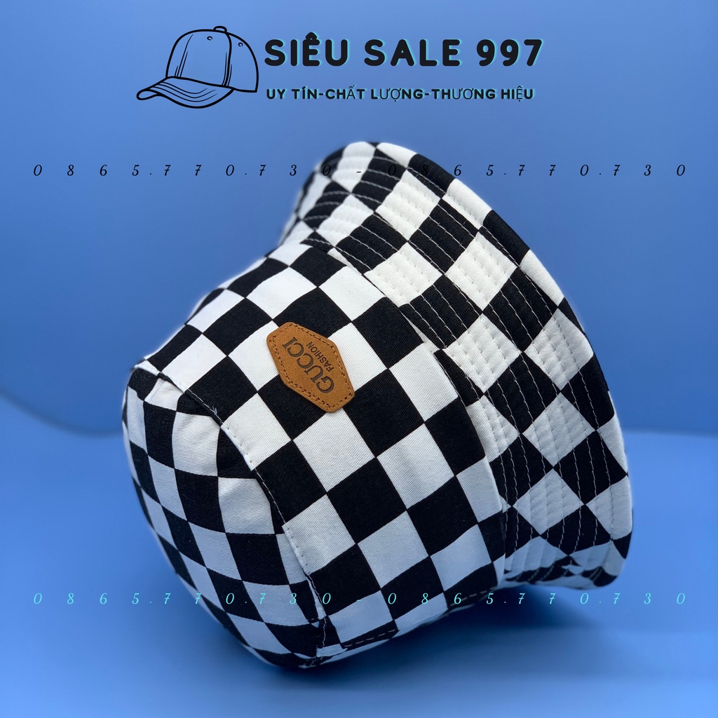 NÓN BUKET CARO TRẮNG ĐEN LOGO DA GC SIÊU ĐẸP FULL TEM MÁC GC THỜI TRANG NAM NỮ