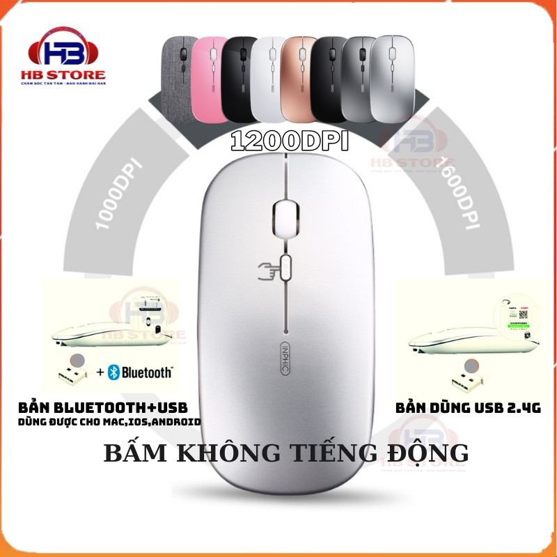 Chuột máy tính không dây inphic PM1 dùng sạc pin chống ồn có bluetooth độ nhạy 800 - 1600DPI