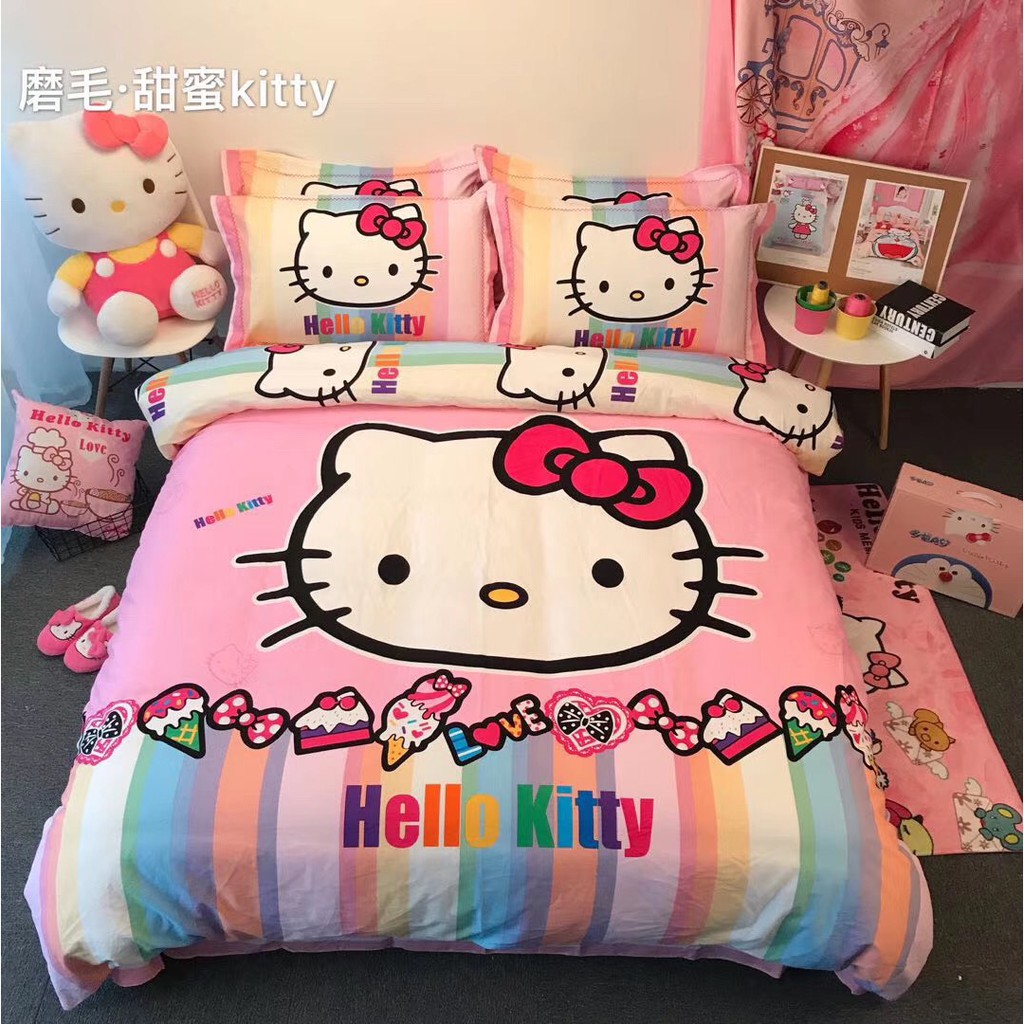 Bộ Chăn Ga Gối Cotton 100% Mẫu Hello Kitty