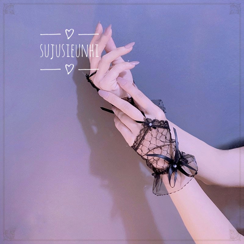 (2 màu) găng tay mỏng lưới ngắn đeo 1 ngón đính nơ phong cách lolita