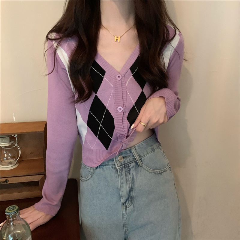 SUXI Áo Khoác Cardigan Dệt Kim Tay Dài Cổ Chữ V Họa Tiết Sọc Ca Rô Thời Trang Mùa Thu Cho Nữ