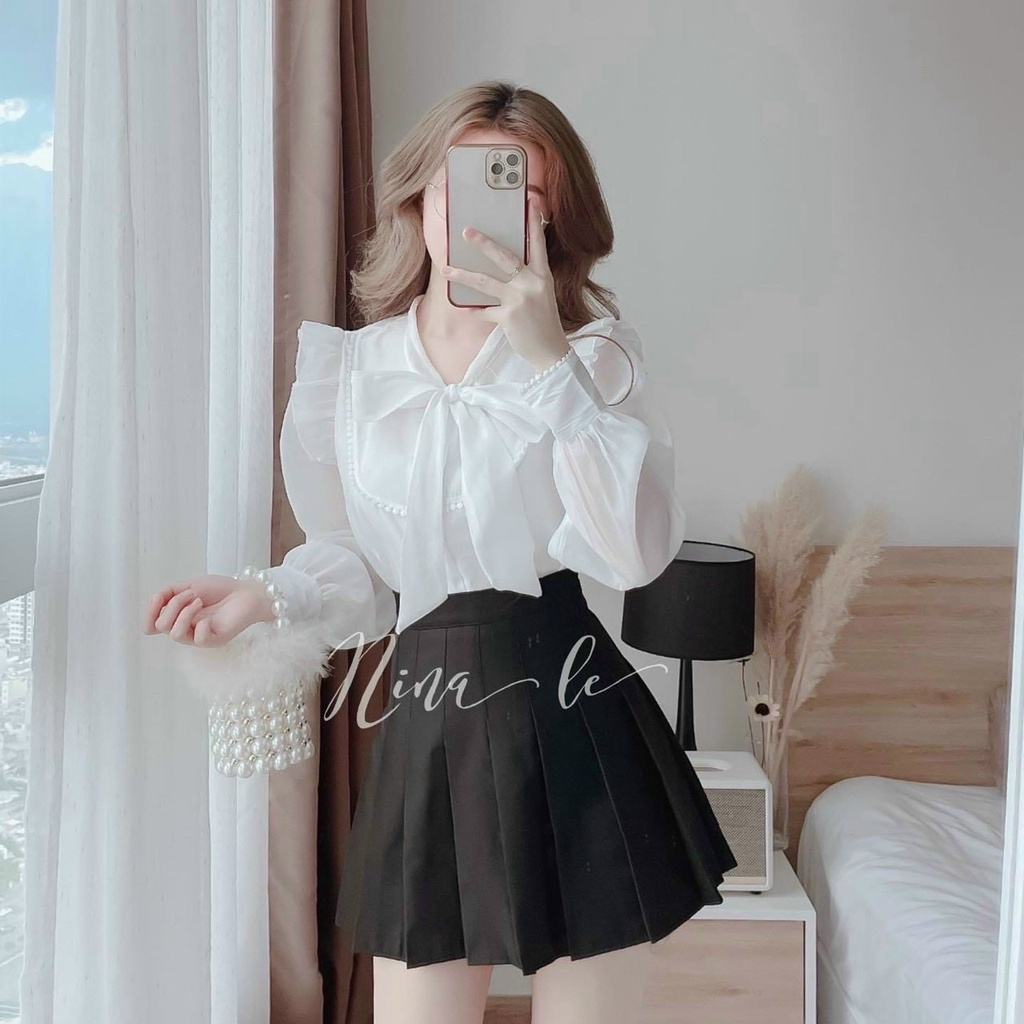 Áo sơ mi von cổ nơ bèo vai, Áo kiểu dài tay cổ buộc nơ thiểu thư SM9381 - NhiNhi Shop