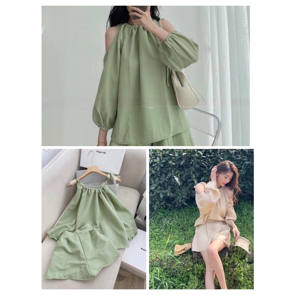 Bộ Quần Áo Khoét Vai Dài Tay Cổ Yếm Buộc Dây Quần Short Vải Đũi Xốp 2 Màu Siêu Hot B069
