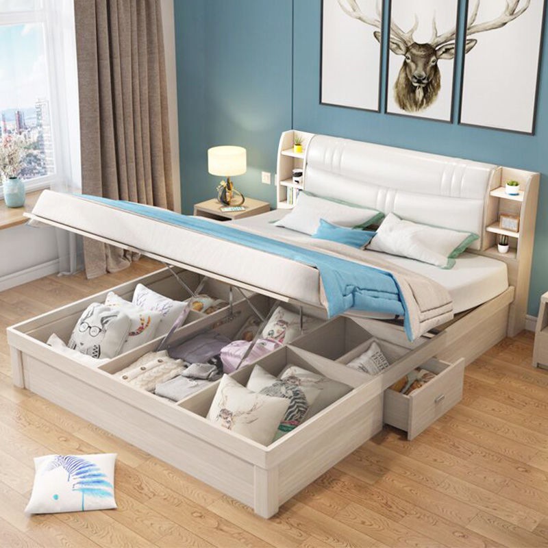 Bắc Âu hiện đại đơn giản và thoải mái- đóng gói giường slat có tựa lưng 1,8m 1,5m đôi phòng ngủ hộp đựng đồ cao