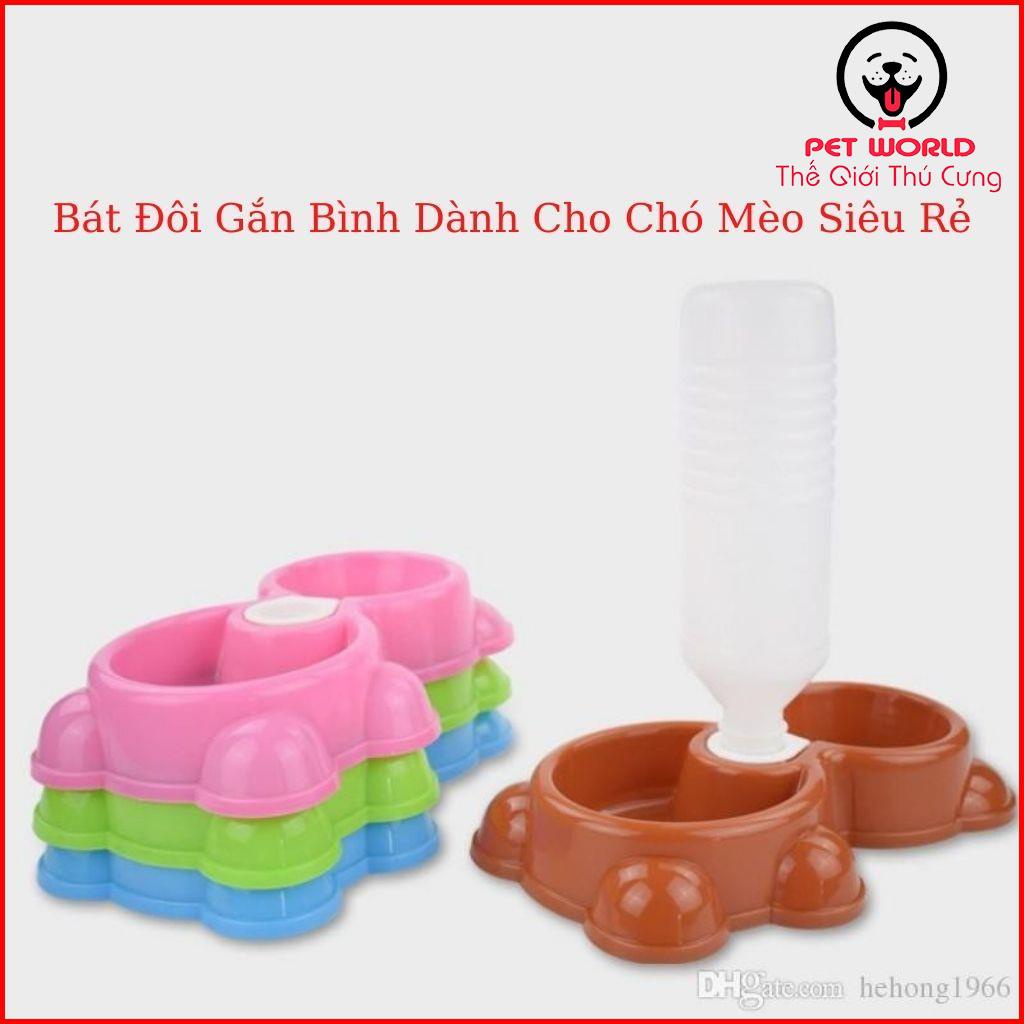 Bát ăn đôi gắn bình hình gấu cho chó mèo, bát ăn đôi gắn bình cấp nước tự động cho thú cưng