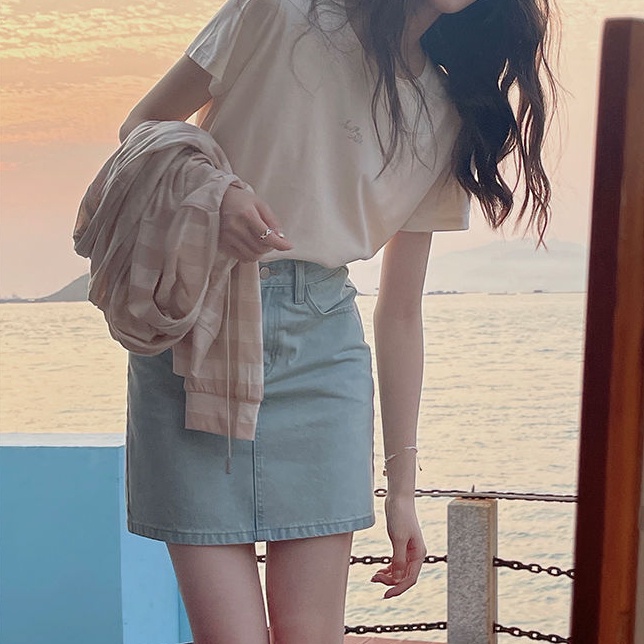 Chân váy jean SUXI chữ A lưng cao thêu hoa thời trang mùa hè cho nữ