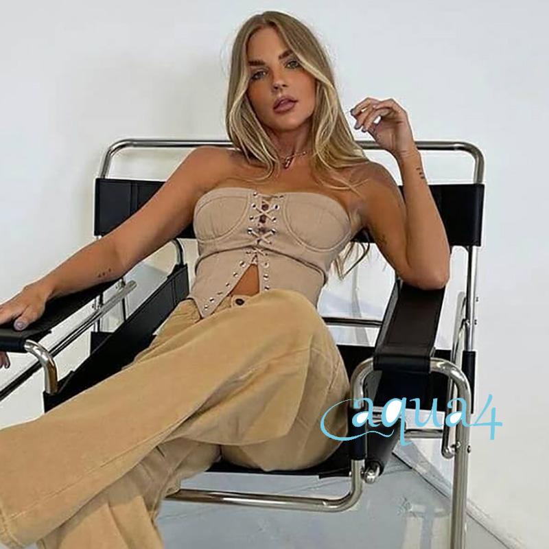 ANANA-Women´s Short Tops Drawstring Straps, Irregular Triangle Hem Off-Shoulder Slim-fitting Tank Tops