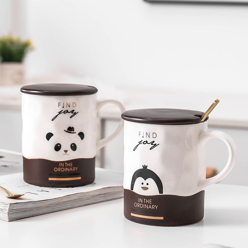 Cốc sứ kèm nắp và thìa ly sứ cafe 360ml hoạ tiết hoạt hình dễ thương dùng làm quà tặng, decor góc làm việc - SunstoreVN