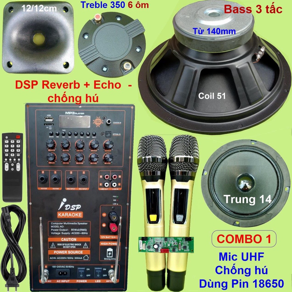 Mạch loa kéo Reverb chống hú 3 tấc đơn 3 đường tiếng IC TPA3116D2 150W nguồn xung 220V kèm loa và Micro