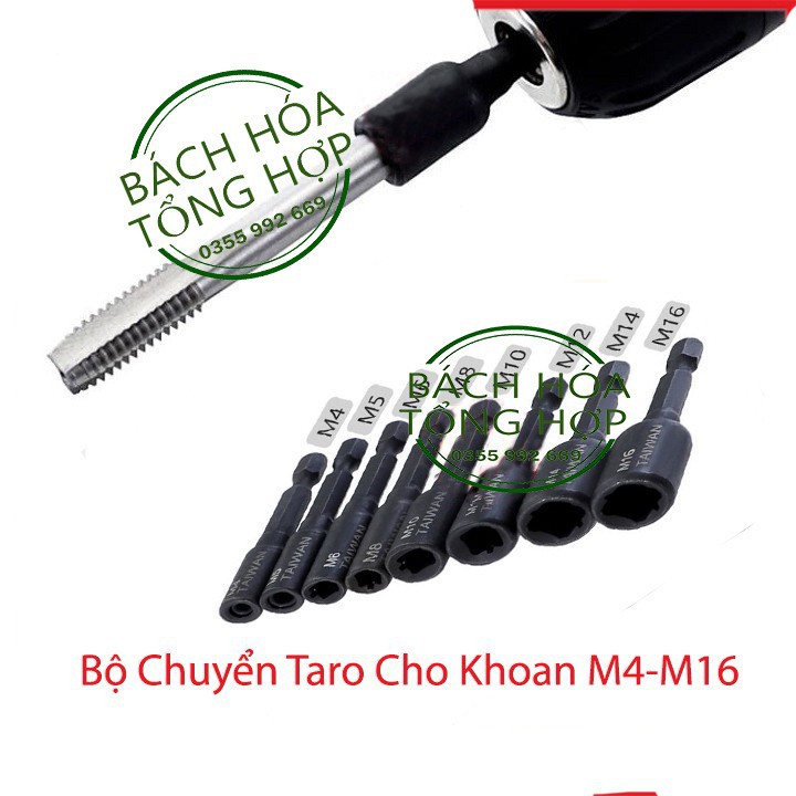 Đầu chuyển taro, Bộ 8 Chuyển Taro Cho Khoan M4-M16 chuôi lục giác cao cấp