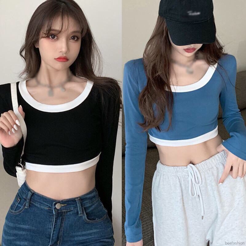 Áo croptop tay dài cổ tròn vải thun gân