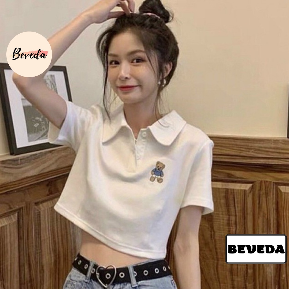 Áo Croptop Cổ Bẻ Thêu Gấu