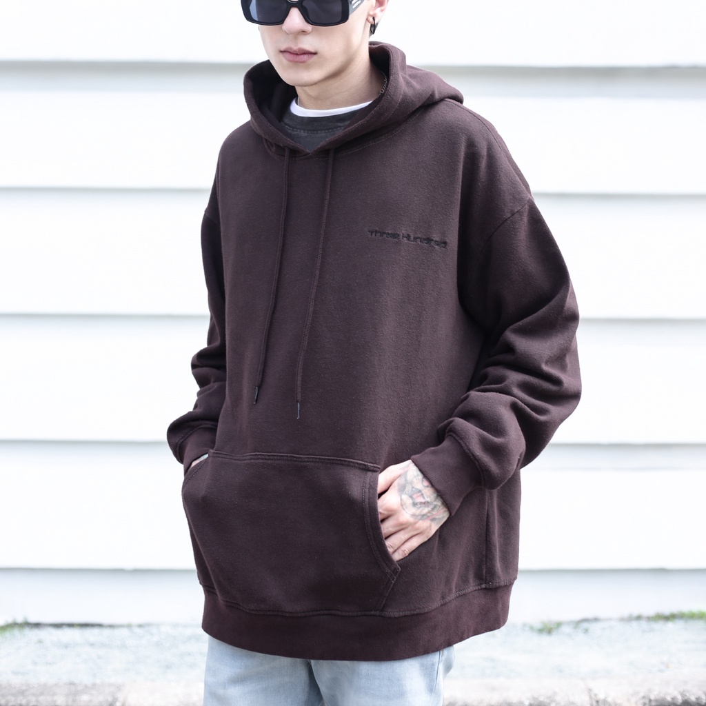 Áo Hoodie Thêu Logo Three Hundred Tỉ Mỉ Form Thoải mái Chát Liệu Nỉ Bông Màu Nâu