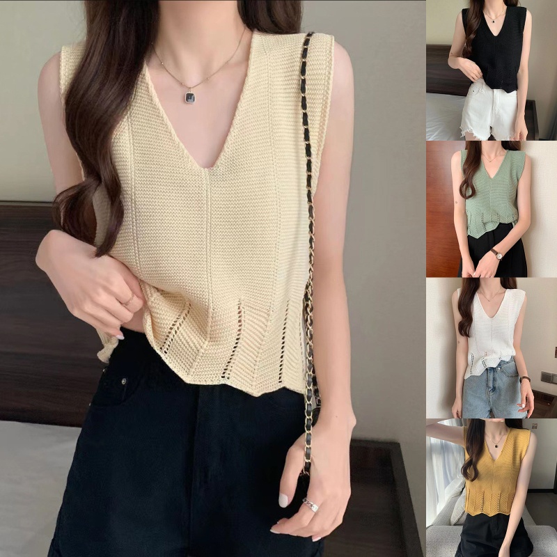 Áo Len Dệt Kim Không Tay Cổ Chữ V Màu Trơn Thời Trang Mùa Hè Cho Nữ