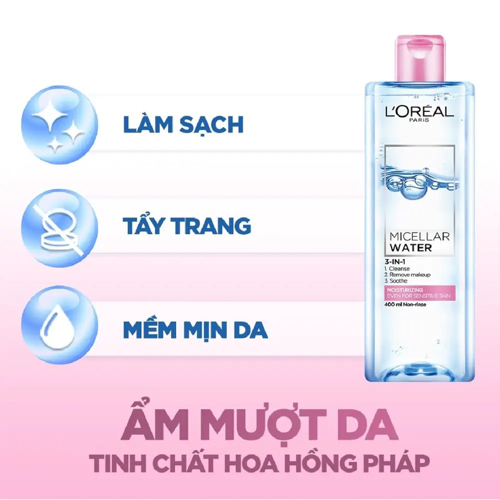 Nước tẩy trang Loreal - L'Oreal Paris 3-in-1 400mlSạch sâuGiữ ẩmMềm dasữa rửa mặt l oreal-Loreal