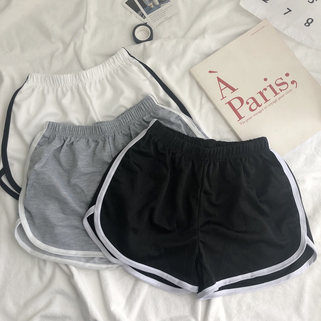 Quần Short Đùi chạy viền Unisex nam nữ ống rộng cạp chun 3 màu đen, trắng, be chất liệu thun cotton
