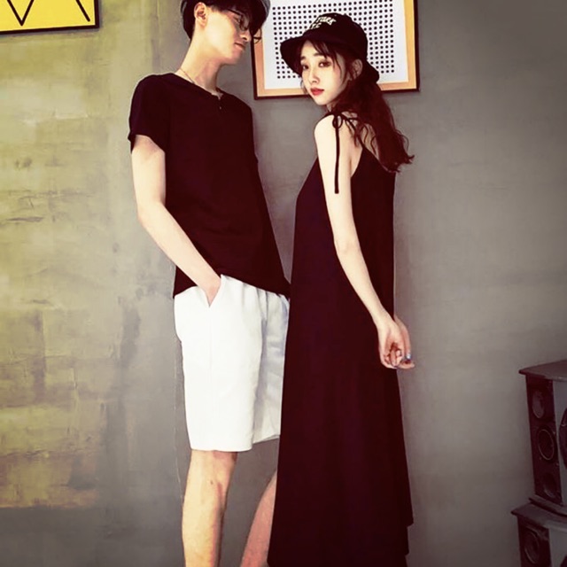 Set: Đầm maxi form suông+ Áo thun nam