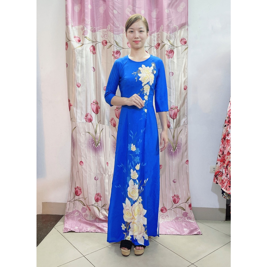 Áo dài nữ thiết kế in 3D đẹp may sẵn dáng truyền thống trung niên mặc tết có co giãn, mềm mại ADI3D-Xanh Dương + Đỏ
