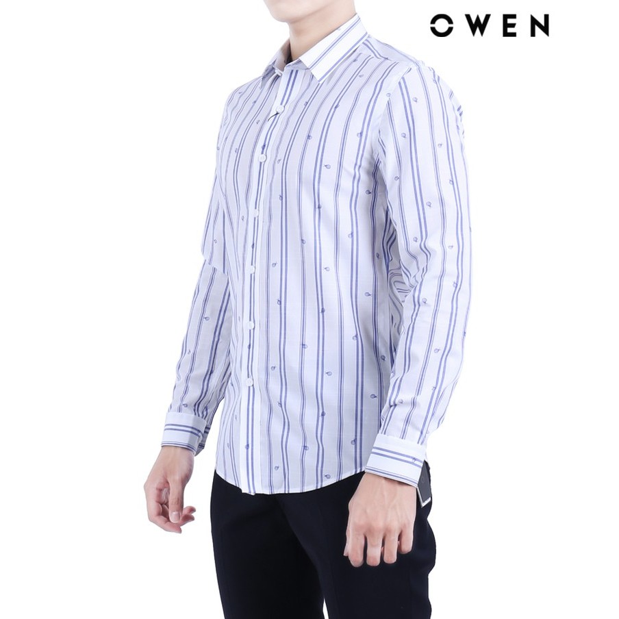 Áo sơ mi dài tay OWEN Bamboo Slimfit không túi màu trắng sọc - AS20866D