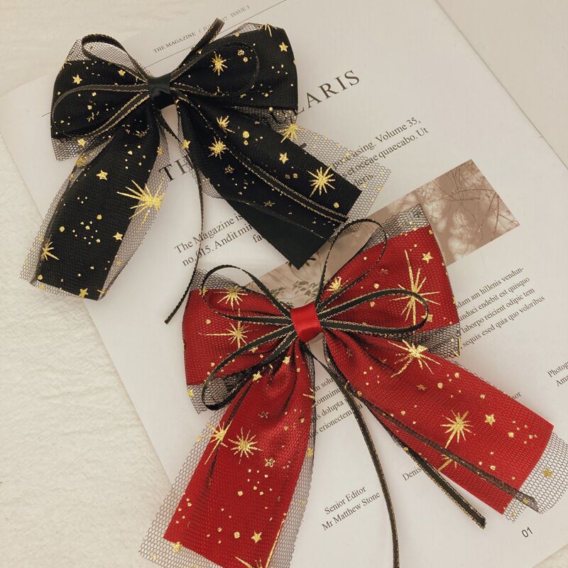 Kẹp tóc nơ lưới hoa tuyết ĐỎ ĐEN ngôi sao rực rỡ đáng yêu K71