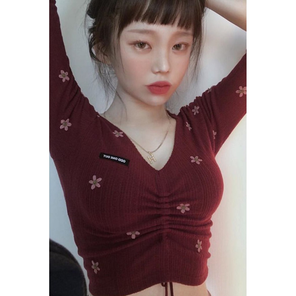 (ORDER) Áo thun nữ dài tay Croptop cổ V dây rút ngực sexy Hàn Quốc - Có ảnh thật ibox shop