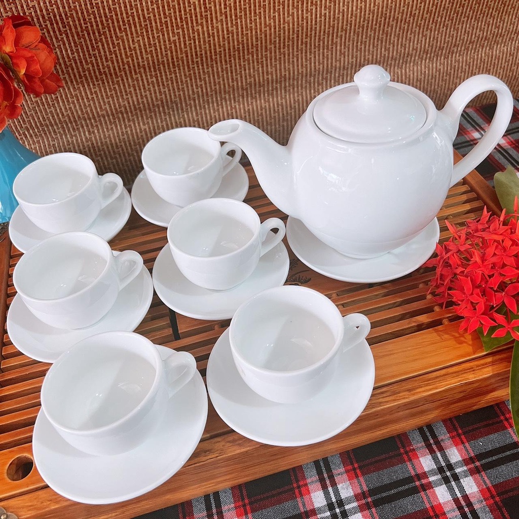 Bộ Ấm Chén Uống Trà ⚱ Gốm Sứ Bát Tràng ⚱ Minh Long Trắng S2-3 Bộ Ấm Trà Đẹp Gomphuquy Tln03