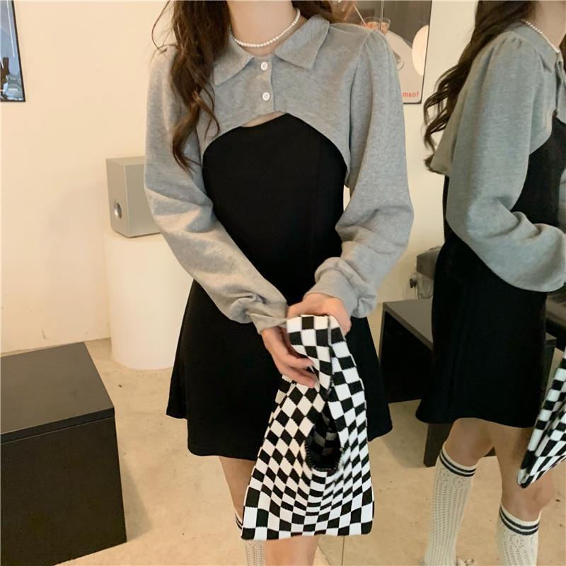 Set váy 2 chi tiết dài tay phiên bản be kem nâu và đen xám