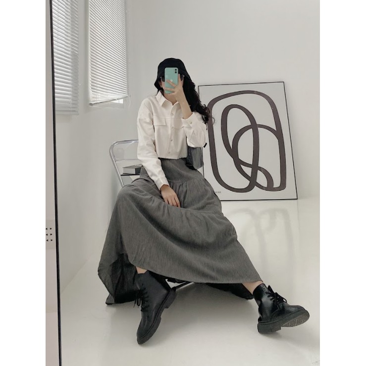 Chân váy dài thời trang GAGO Plain ruffle hem skirt màu xám đậm GO3395 | BigBuy360 - bigbuy360.vn