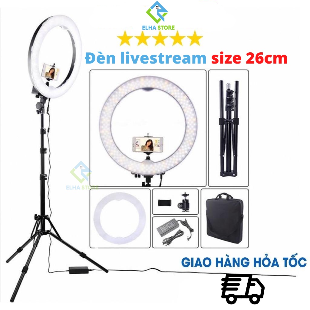Đèn livestream size 26cm và chân 2,1m, giá đỡ điện thoại có đèn chụp ảnh make up trang điểm ELHA STORE