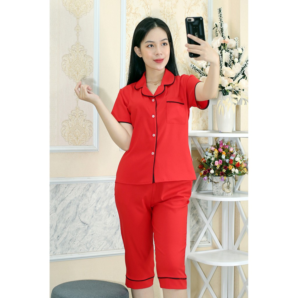 Bộ quần áo Pijama nữ MÀU ĐỎ Ngắn Tay Quần Lửng vải phi lụa mờ - Co Dãn Thoáng Mát Thoải Mái - Mặc là thích ngay !