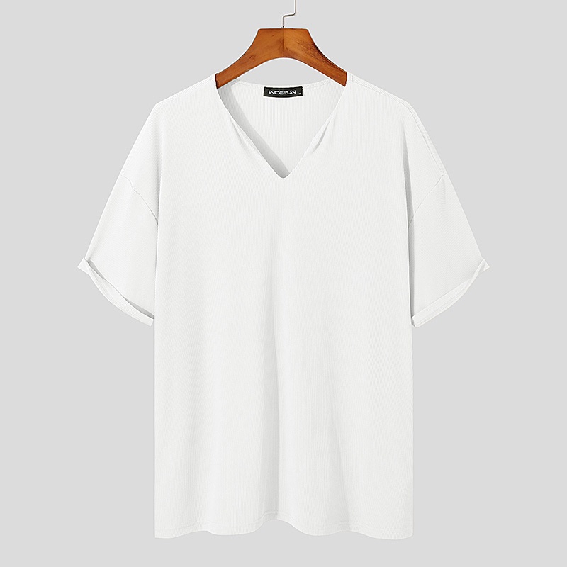 Áo thun INCERUN ngắn tay cổ chữ V màu trơn size S-5XL cho nam