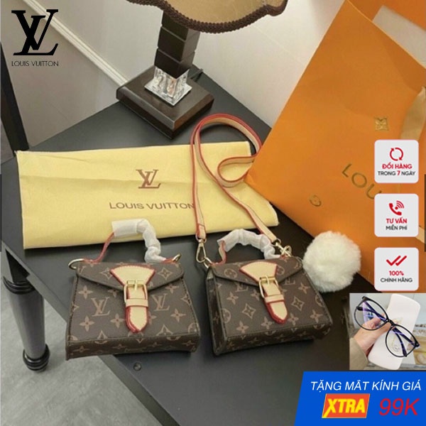 Túi Đeo Chéo Louis-Vuitton Mini Hoa Nâu Khuy Gài Size 14 Không Quả Bông - Tặng Kèm Mắt Kính 99k