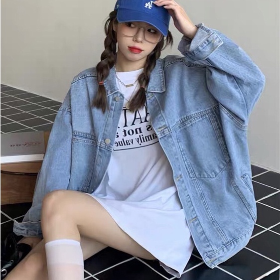 Áo khoác bò nữ, Áo khoác jean oversize màu xanh denim phom rộng suông phong cách ulzzang hàng Quảng Châu Cheapy C1027